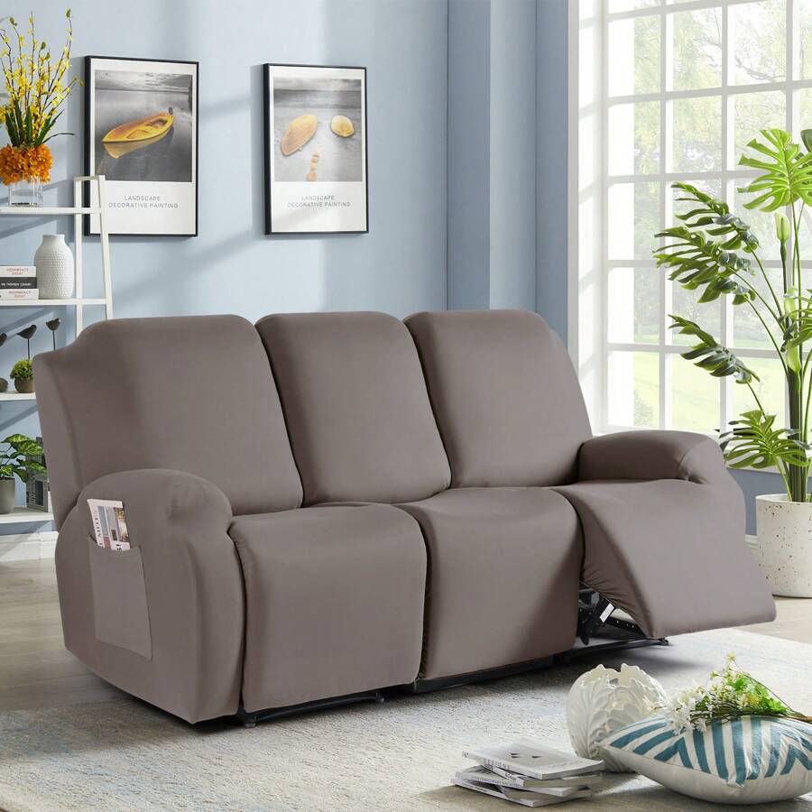 1/2/3 Seat Solid Recliner Sofa Covers, Polyester Fabric Stretch Recliner Couch Covers For Chair Cover, Soft Washable Furniture Protector With Pockets - taupe - View 1