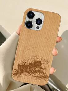 1 pieza Funda de teléfono de madera con diseño de onda de cerezo de borde recto con ranura para tarjeta SIM, compatible con Apple iPhone - Marrón - Ver 1