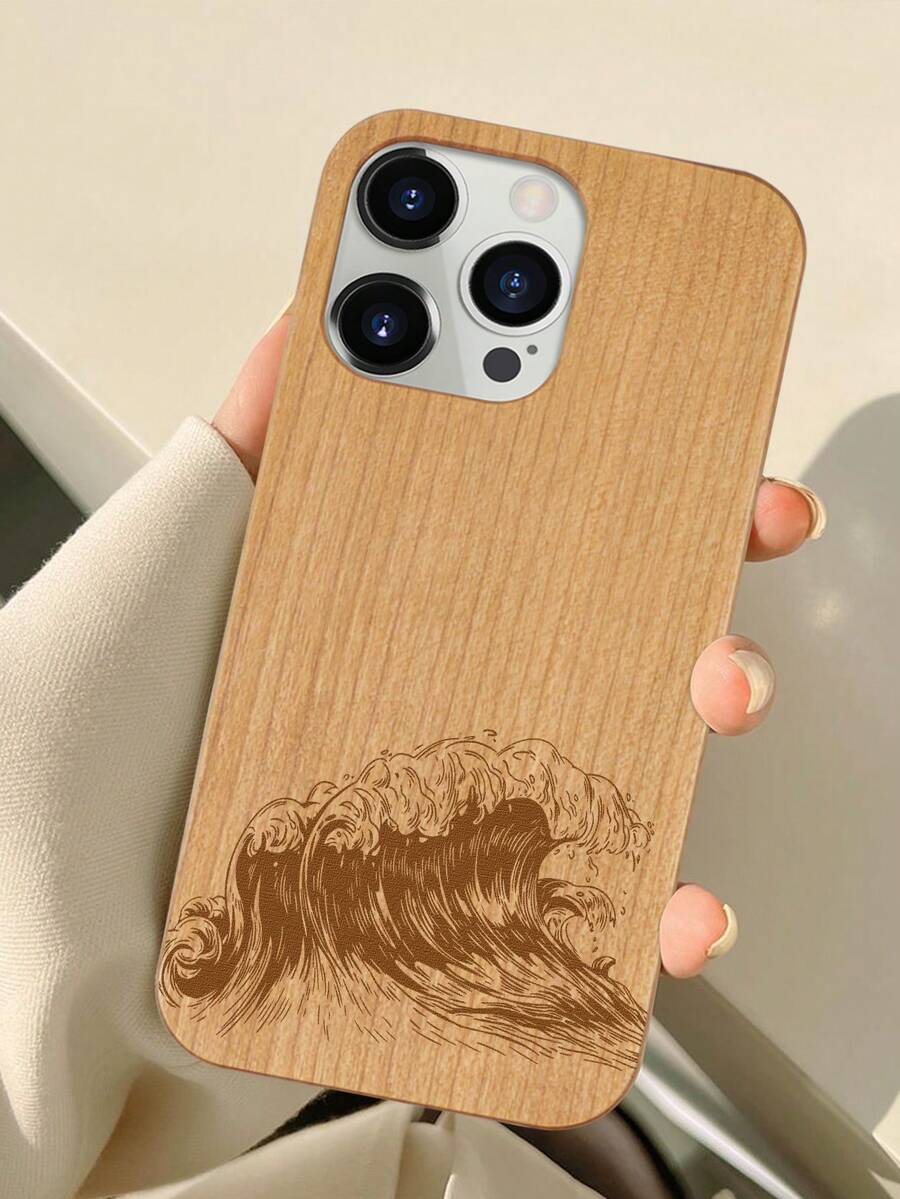 1 pieza Funda de teléfono de madera con diseño de onda de cerezo de borde recto con ranura para tarjeta SIM, compatible con Apple iPhone - Marrón - Ver 1