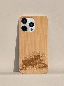 1 pieza Funda de teléfono de madera con diseño de onda de cerezo de borde recto con ranura para tarjeta SIM, compatible con Apple iPhone - Marrón - Ver 4