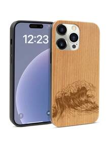 1 pieza Funda de teléfono de madera con diseño de onda de cerezo de borde recto con ranura para tarjeta SIM, compatible con Apple iPhone - Marrón - Ver 3