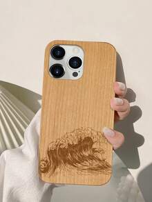 1 pieza Funda de teléfono de madera con diseño de onda de cerezo de borde recto con ranura para tarjeta SIM, compatible con Apple iPhone - Marrón - Ver 5