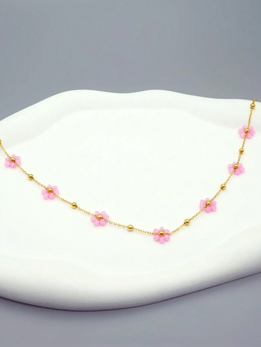 1 件夏季时尚可爱女孩新款钛钢小花项链串珠锁骨链首饰设计配彩色珠子不锈钢颈部配饰，非常适合约会、返校、婚礼、波西米亚度假风格情人节、妈妈、母亲、母亲节、礼物 - 粉色 - 查看 1