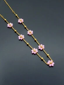 1 件夏季时尚可爱女孩新款钛钢小花项链串珠锁骨链首饰设计配彩色珠子不锈钢颈部配饰，非常适合约会、返校、婚礼、波西米亚度假风格情人节、妈妈、母亲、母亲节、礼物 - 粉色 - 查看 4