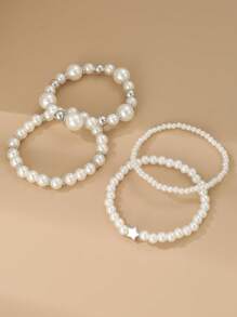 Set de 4 piezas, pulsera con dijes en forma de corazón y perla, color rosa y blanco, accesorio diario para niñas