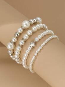 Set de 4 piezas, pulsera con dijes en forma de corazón y perla, color rosa y blanco, accesorio diario para niñas