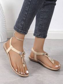 Sandalias tipo chanclas con cuña baja y planta plana, decoradas con cuentas y rhinestones, verano 2024 para mujer
