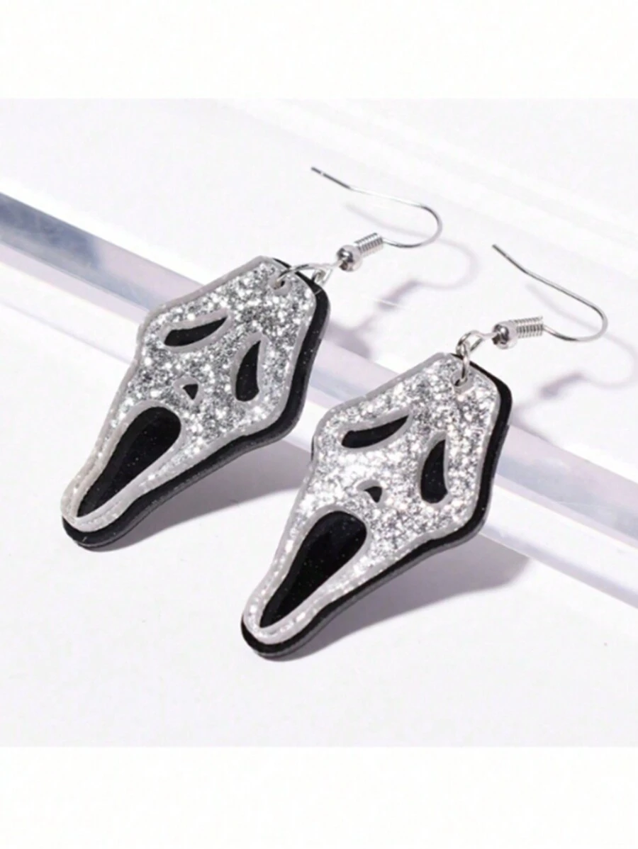 1对万圣节鬼脸刀形吊坠耳环，个性搞怪夸张耳饰，欧美跨境时尚女士耳环 - 銀色骷髏頭拼接設計耳環 - 查看 1