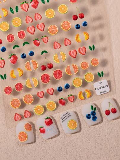 1 Piece Of Embossed Summer Fruit Nail Art Sticker Decoration With Orange, Lemon, Strawberry, Grape, Blueberry, Watermelon And Other Graphic Nail Art Element Decals, Suitable For Ladies And Little Girls DIY