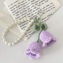1pc Handmade White/Pink Woven Flower Backpack/Bookbag/Purse Pendant, Faux Pearl Decorated Bracelet / Keychain / Keyring, Crochet Flower Trinket Gifts For Women In Summer Valentine's Day Valentines School Pearl