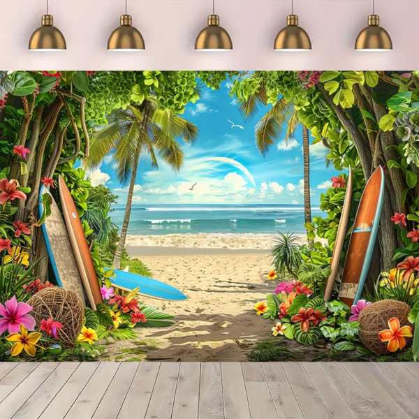 Fondo de fotografía de verano con temática hawaiana y de playa - Tela versátil con diseño de caravana azul, tabla de surf y flores tropicales para fiestas luau, decoración de viajes y campamento, Navidad