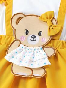 Conjunto de body de manga larga con estampado de oso de dibujos animados y diadema con lazo para bebé niña - Multicolor - Ver 6