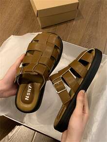 Dép xỏ ngón ngoài trời dành cho nữ, giày mule dệt mới có mũi tròn và phong cách cổ điển - Màu Khaki - Xem 6