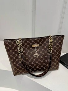 Bolso de hombro con cadena de patrón geométrico de bloques de color, adecuado para ir de compras y llevar carteras - Café integral - Ver 3