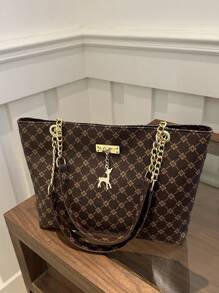 Bolso de hombro con cadena de patrón geométrico de bloques de color, adecuado para ir de compras y llevar carteras - Café integral - Ver 9