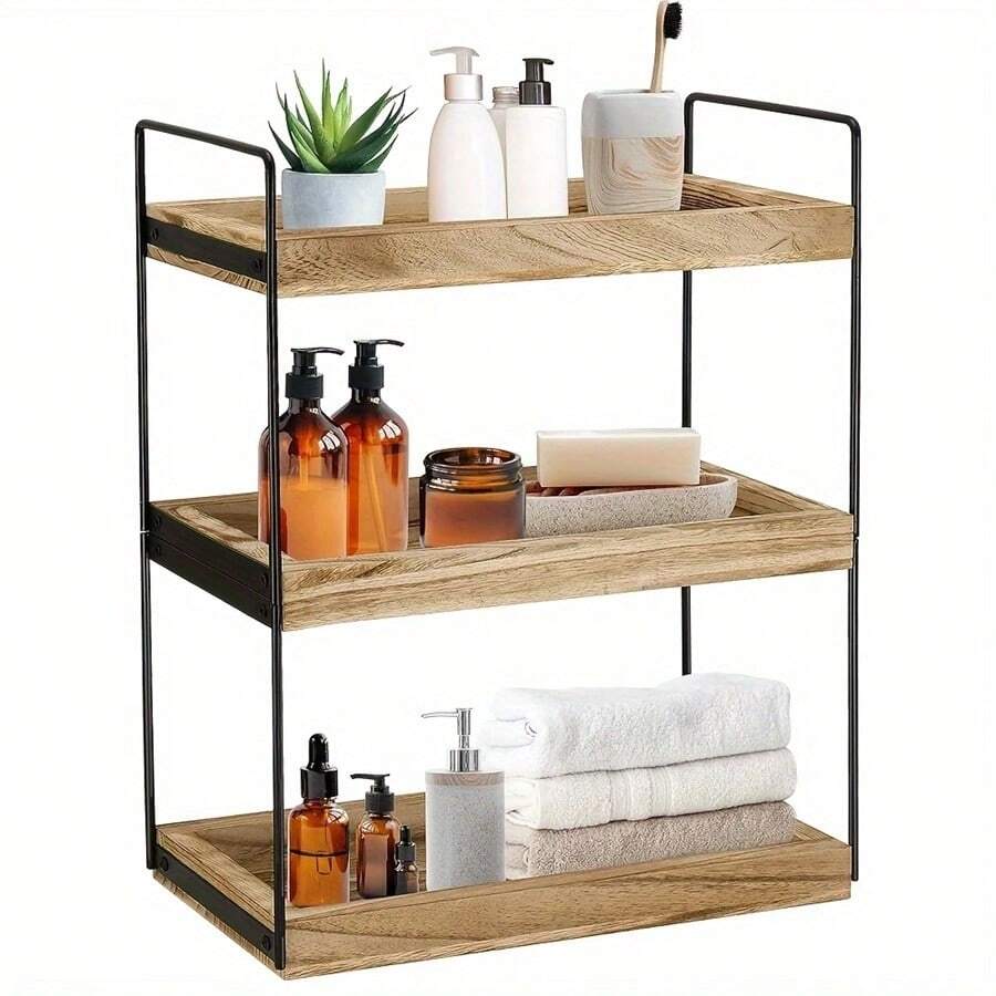 Lechay Bathroom Counter Organizer, Wood Bathroom Organizer Countertop Storage Shelf, Bathroom Trays For Counter, Standing Rack Organizer Cosmetic Holder, Kitchen Spice Rack Bathroom Tray - 棕色 - 查看 1