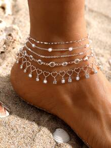 HEI DIAO 5pcs Simple & Fashionable Personalized Exquisite Shiny Multi-Element Chain Combination Stacking Anklet Set For Women & Couples, Suitable For Holiday Gifts, Parties And Daily Wear - Silver - View 18