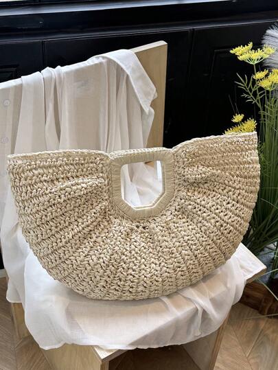 时尚编织草编包，采用褶皱扇形设计，节日必备品，非常适合旅行、度假、度假和海滩