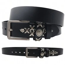 Rivets Belt Western Cowboy Hip-Hop Leather  Belt Men And Women Jeans Formal Black - Multicolor - View 1