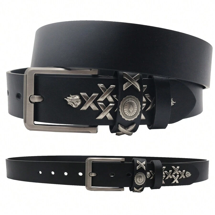 Rivets Belt Western Cowboy Hip-Hop Leather  Belt Men And Women Jeans Formal Black - Multicolor - View 1