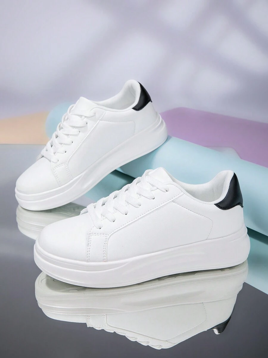 2024新款时尚女士厚底运动鞋百搭白色运动鞋轻便软底低帮休闲运动鞋 - 白黑 - 查看 1
