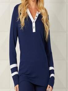 Button Crew Neck With Stripe Sleeves Top - 墨水 - 查看 1