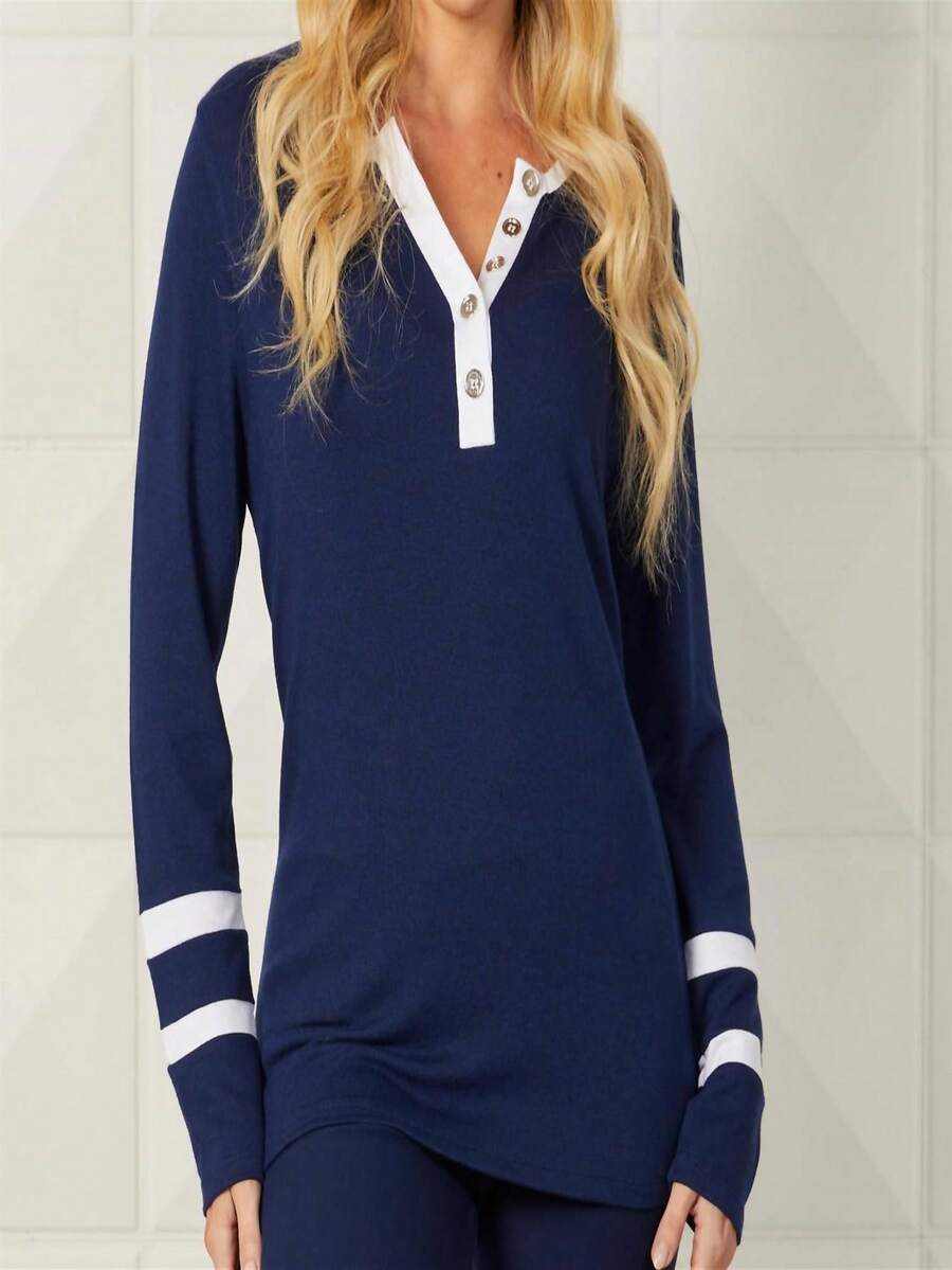Button Crew Neck With Stripe Sleeves Top - 墨水 - 查看 1