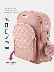 Women's Casual Medium Backpack Fits Notebooks Umbrella Water Bottle School College Course Great Quality + Pompom Keychain - 乾枯玫瑰色 - 查看 3