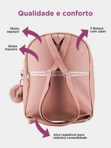 Women's Casual Medium Backpack Fits Notebooks Umbrella Water Bottle School College Course Great Quality + Pompom Keychain - 乾枯玫瑰色 - 查看 4