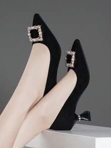 Spitze schwarze Plateau-Pumps mit Perlen Dekor für Damen - Schwarz - Übersicht 4