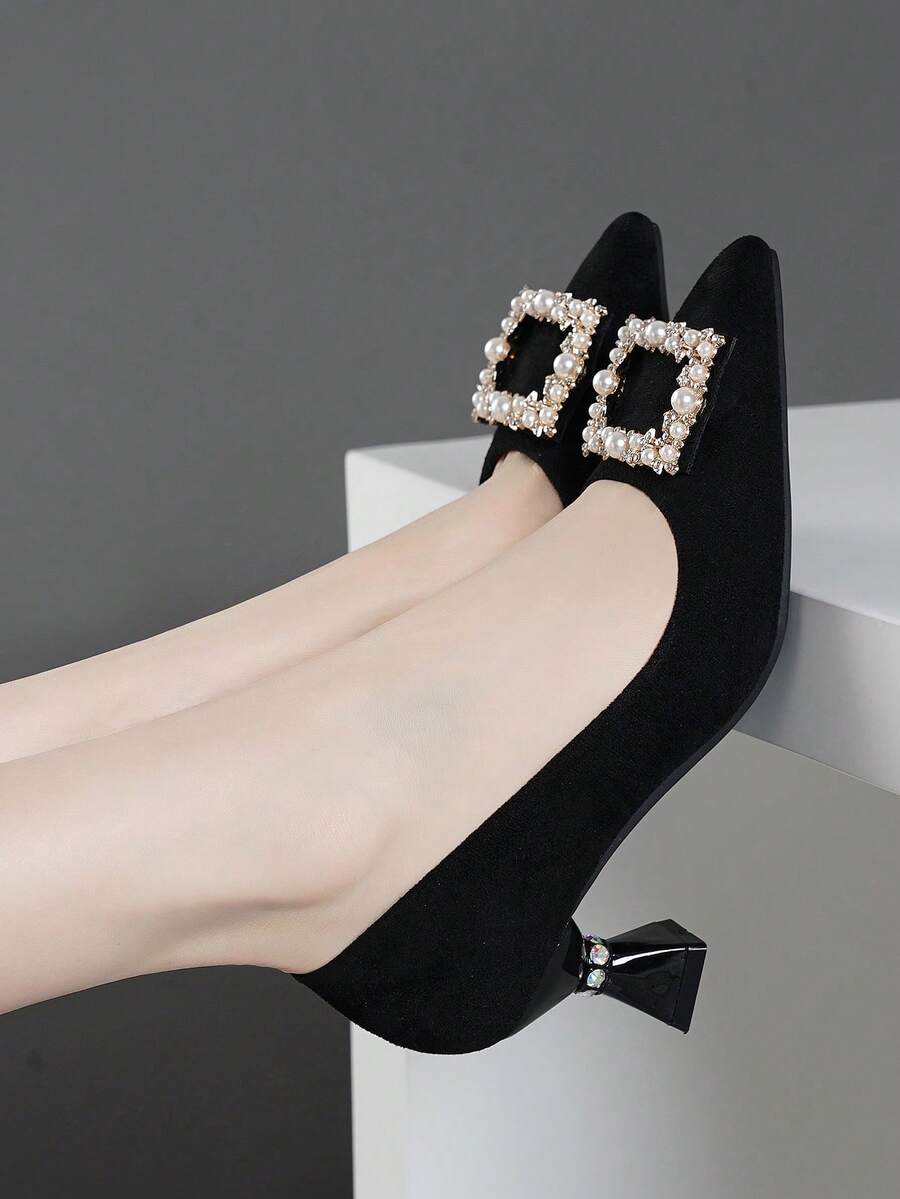 Spitze schwarze Plateau-Pumps mit Perlen Dekor für Damen - Schwarz - Übersicht 1