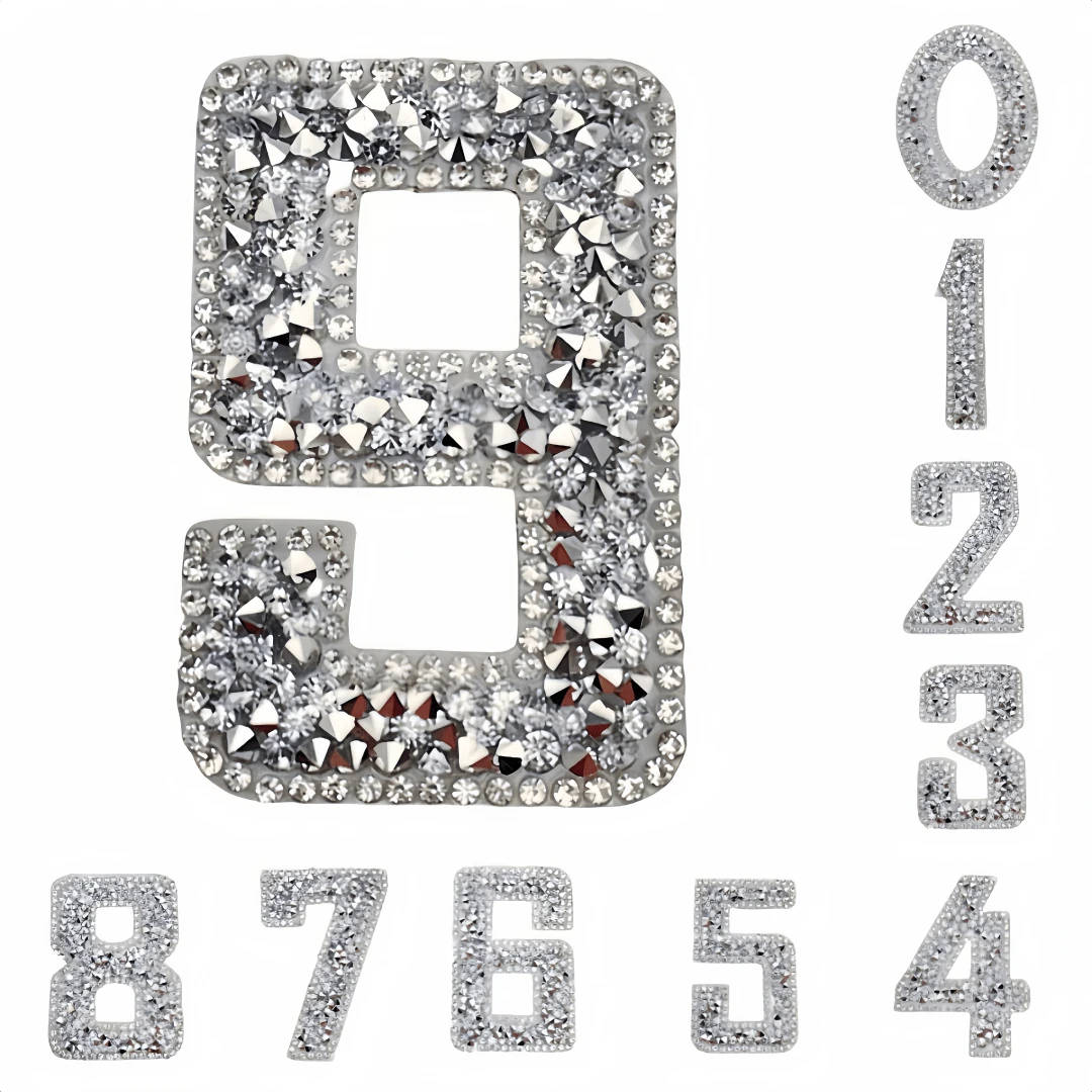 0-9 Digital Silver White Rhinestone Self-Adhesive Letter Patch Iron Sticker Clothing Badge Sticker Clothing Bag Shoes DIY Creative Gift Decoration