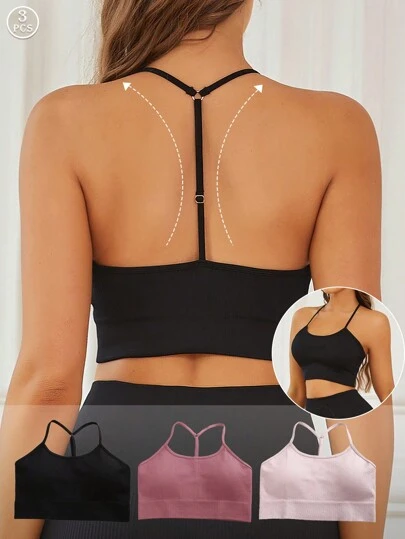 3pcs Solid Color Ribbed Spaghetti Strap Yoga Tank Top With Removable Padded Bra For Women