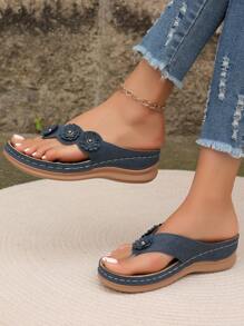 Sandalias con decoración de flores para mujer, cómodas sandalias de cuña para exteriores - Azul - Ver 2