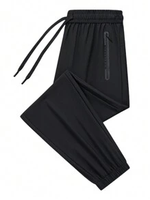 Pantalones deportivos de secado rápido y cómodos de seda de hielo, 1 pieza de pantalones casuales de estilo novio para hombres, con bolsillo con cremallera, cintura elástica con cordón, adecuados para gimnasio de verano, ejercicio, entrenamiento y footing