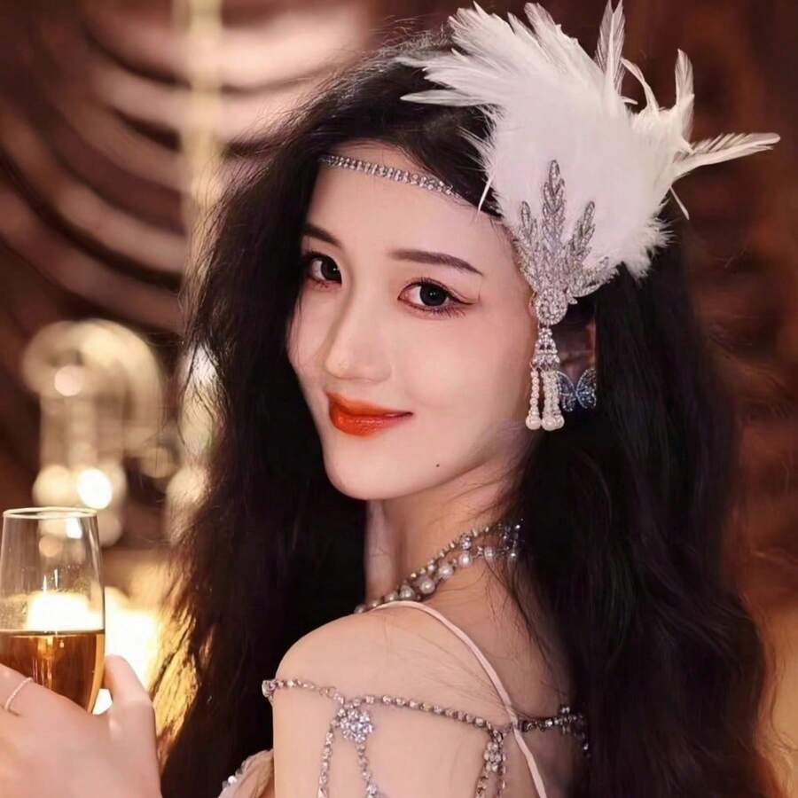 1 phụ kiện tóc lông vũ cổ điển từ thế kỷ 20, bóng trang điểm dự tiệc đơn và mũ đội đầu lễ hội với chủ đề Gatsby tuyệt vời, phụ kiện cưới cho cô dâu - Nhiều màu - Xem 1