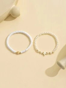 2 pezzi/set Stile Oceanico Fatto A Mano Conchiglia & Stella Marina Con Perline Di Argilla Polimerica Perla Finta E Cavigliera Adatta Per L'Abbigliamento Casual Delle Donne E Accessori Da Festa In Vacanza
