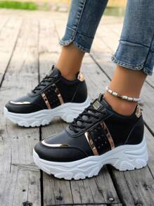 1pair Women Black Leather Casual Sneakers, Platform Wedge Heel Chunky Sneakers With Insole, Suitable For Casual, Vacation, Date, Rose Gold Stripes, Elegant Minimalist Classic, 7.5cm Heel Height