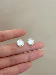 1pair White Circle Shaped Geometric Earrings With Rhinestone Embellishment - White - View 2
