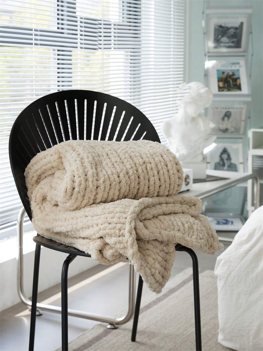 1pc Handmade Chenille Striped Hollow-Out Knit Blanket, Soft Thick Warm Nap Throw Blanket For Sofa, Travel, Leisure, Home Decor, Bedding - Beige - View 1