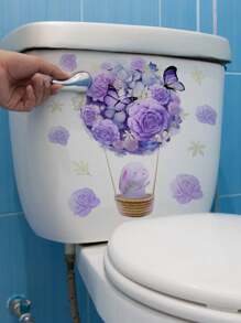 1set Pink Cartoon Balloon, Rabbit, Butterfly & Plant Flower Patterned Toilet Seat Cover Sticker For Bathroom