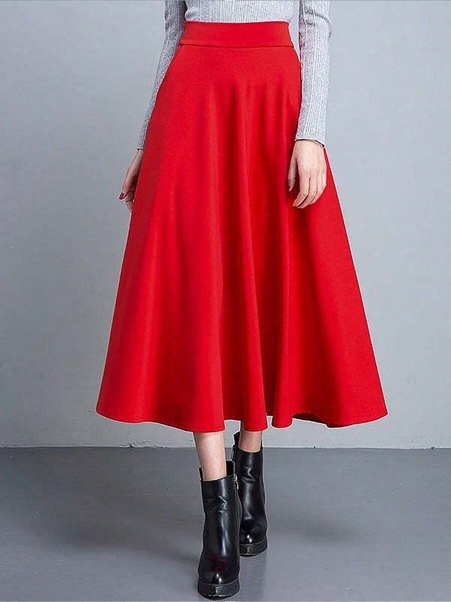 Largo de talle alto bustier falda falda swing grande A-line falda otoño e invierno delgado versátil versión coreana del tamaño grande color sólido negro burdeos señoras falda larga - Rojo - Ver 1