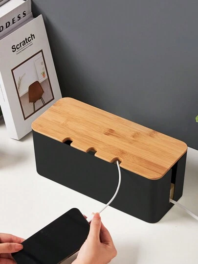 1入組黑色ABS電線整理盒，帶竹蓋和孔，適用於桌面或插座上的電源線、充電器、數據線、集線器