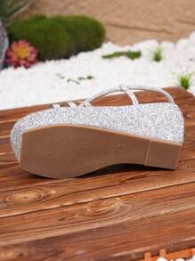 Sandalias de cuña plateada con lentejuelas de tacón alto para mujer con suela gruesa decorada con pedrería - Plateado - Ver 8