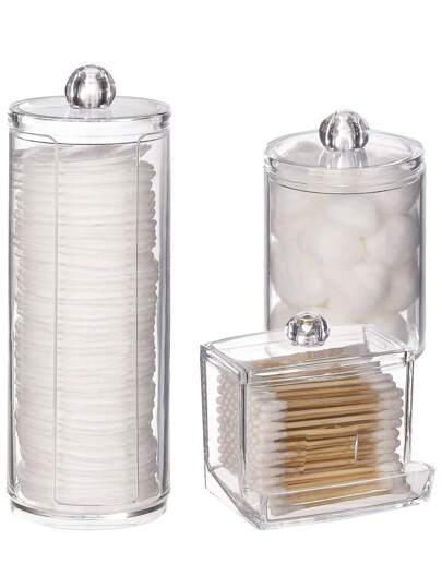 3M 1 pieza/3 piezas Organizador de almacenamiento de maquillaje, Soporte para hisopos, Recipiente de baño, Dispensador de almohadillas/hilo dental, Para ordenar y almacenar, Para vacaciones en la playa, Colección de baño, Colección de dormitorio, Gran capacidad