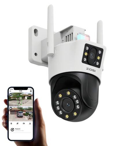 ZOSI Kabellose WiFi-Überwachungskamera für den Außenbereich mit Doppelobjektiv, 360°-Ansicht, Personen-/Fahrzeugerkennung, Zwei-Wege-Audio, Sirenenalarm, Cloud-Speicher, Farbnachtsicht, C298 SE