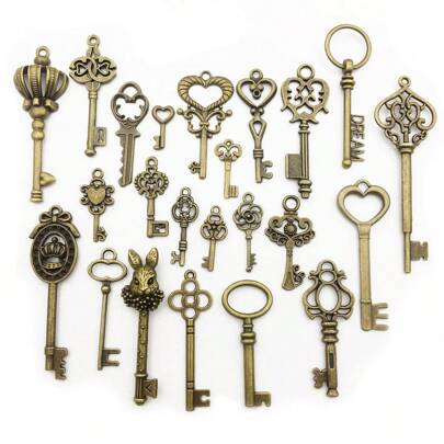 46pcs Vintage Skeleton Keys Set, Filigree Steampunk Keys, Antique Bronze Keys Charms Pendants,  For Jewelry Making DIY Necklace Bracelet
