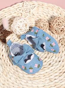 1pair Girls' Cute Mary Jane Flat Shoes, With Bowknot Fabric And Hook-And-Loop Design, Asymmetric Flower Embroidery, Slip-Resistant And Comfortable, Suitable For Spring And Autumn