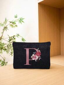 1 Stück - Buchstaben Muster bedruckte multifunktionale Reißverschluss Kosmetiktasche, Damen Kosmetiktasche, schwarze Leinen Tasche, Geldbörse, Initialen 26 Buchstaben Muster Kulturbeutel, Kulturbeutel für Hochzeitspartys, Reißverschluss Handy Geldbörse, Stifttasche, Kosmetiktasche mit großem Fassungsvermögen, Clutch, Brautjungfer Kosmetiktasche, Kulturbeutel, Make-up Box, Handtasche, Reise Kosmetiktasche, Make-up Pinsel Aufbewahrung, Boho Vibes, für Urlaub am Strand, Badezimmer Kollektion, Schlafzimmer Kollektion, Großes Fassungsvermögen - Schwarz - Übersicht 22