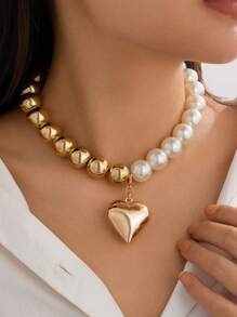 1 件簡約時尚龐克風格 Ccb 串珠項鍊套裝帶心形吊墜、鎖骨鏈項鍊適合女士日常穿著和派對裝扮 - 銀色 - 查看 4